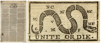 Benjamin Franklins Newspaper From 1774 With the Famous Unite or Die. Masthead